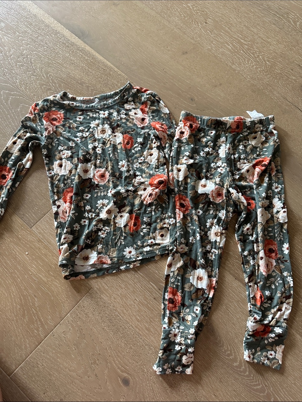 Posh Peanut Kids Floral Pajama Set - Green with Pink & White Flowers